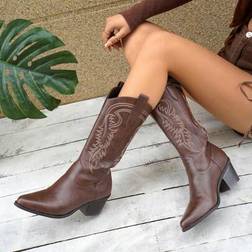 Shein Women's Western Style Embroidered Vintage Chunky Heel Mid-Calf V-Cut Riding Boots - Fashion
