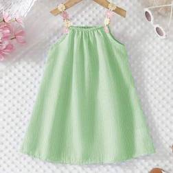 Shein Young Girl Floral Strap Casual Loose Sleeveless A-Line Striped Dress - Summer