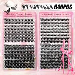 Shein 640PCS Individual Lash Clusters Large Capacity 30D+40D+50D D Curl 9-16mm DIY Lash Clusters Natural Look&Extra Thick&Wispy&Ultra Soft&Super Light Reusable Individual Segmented False Eyelashes Eyelash Extension Kit With Makeup Tools 2 Lash Brushes For Beginner Use At Home Or On-The-Go For Daily Life&Wedding&Party&Music Festival&Mother's Day