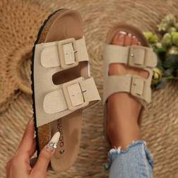 Shein Women's Simple Open Heel Comfort Vacation Birkenstocks Style Flat Mule Sandals - Beige