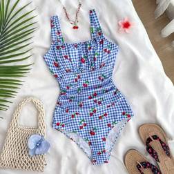 Shein Teen Girls Blue Sweet Plaid Cherry Print One-Piece Swimsuit - Blue