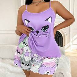 Shein Plus Size Cartoon Cat Print Camisole & Shorts Pajama Set