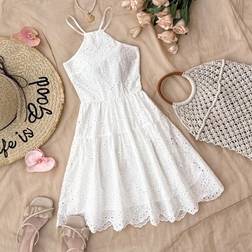 Shein Teen Girls Embroidery Halter Backless Dress - White