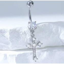Shein Stylish Silver-Plated Cross Zirconia Navel Ring - Silver