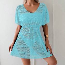 Shein Women's Solid Color Hollow Out Sheer Beach Cover Up Dress