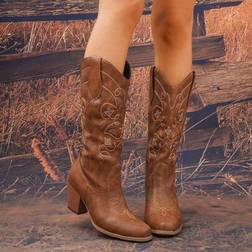 Shein Women's Western Cowgirl Boots - Pointed Toe Embroidery Thick Heel Mid-Calf Fashion