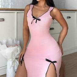 Shein Colorblock Trim Bow Decor Slit - Nightgown