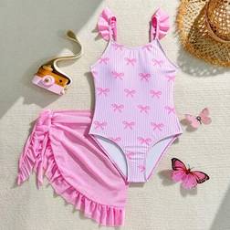 Shein Tween Girls One-Piece Swimsuit With Cute Bow Print - Summer
