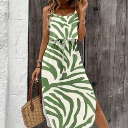 Shein Luneh Casual Zebra Print Tie-Dye Cinched Waist V-Neck Slit Cami Dress - Women