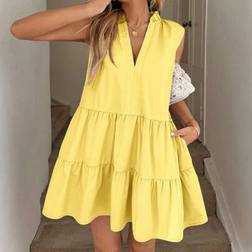 Shein Women's Sleeveless Stand Collar Multi-Layer Flounce A-Line Casual/Holiday Elegant Short Yellow Dress - Butter Yellow