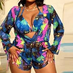 Shein Plus Size 3 Pcs Women Tie-Dye Halter Split Bikini Set - Beach/Resort