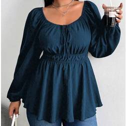 Shein Flirla Plus Size Drawstring Elastic Waist Front Button Long Sleeve Shirt - Peplum Top