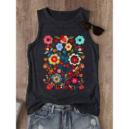 Shein Plus Size Women Floral Print Crew Neck Casual Loose Tank Top