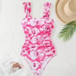Shein Teen Girls Floral Print Ruched Mesh One-Piece Swimsuit - Pink