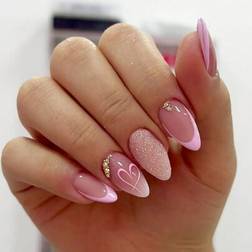 Shein Add A Touch Of Romance With 24pcs Medium Almond Shape Press On Nails - Pink French Heart/Glitter