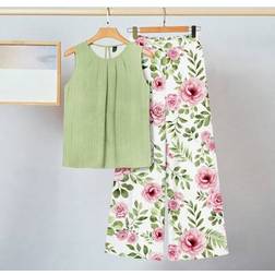 Shein Women Green Mock Seam Top And Pink Floral Print Pants Set - Green