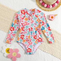 Shein Young Girl Tropical Floral Print Zipper Front Long Sleeve Casual T-Shirt Style One-Piece Swimsuit