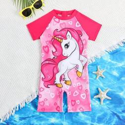 Shein Cute Gradient Heart Unicorn Print Short Sleeve One-Piece Swimsuit - Summer Beach Vacation
