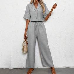 Shein Women Linen Solid Color Drop Shoulder Blouse And Pants - Casual Suit
