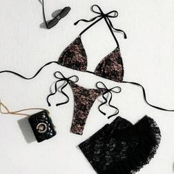 Shein Swim Vcay Summer 3pcs Black Sexy Lace Flounce Mini Skirt Triangle Cup Bra & G-String Bikini Set