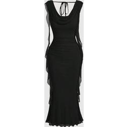 Shein Black Plunging Neck Flowy Tie Waist Cut Out Mid-Length Dress - Black