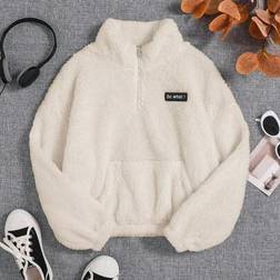 Shein Tween Girl Solid Color Fluffy Stand Collar Loose Casual Sweatshirt