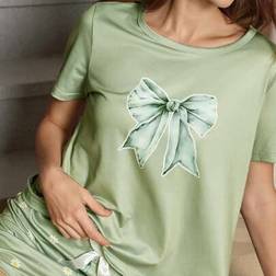 Shein Daisy & Bow Print Knit Casual Short Sleeve Pajama Set - Girls