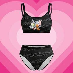 Shein Cute Cartoon & Letter Print Bra And Panty Set - Black/White