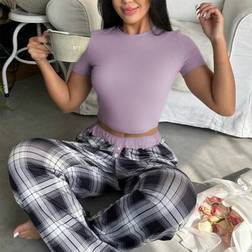 Shein Women's 2 Pieces Crewneck Plaid Loungewear Set