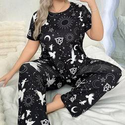 Shein Fashionable Printed Short Sleeve Top And Long Pants Pajama Set