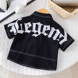 Shein Comfortable Casual Versatile Fashion Letter Print Short Sleeve Woven Shirt - Black