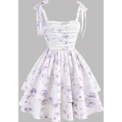 Shein Tween Girl Spaghetti Strap Bow Cute Elegant Ruched Waist A-Line Layered Ruffle Ditsy Floral Mesh Tea Party Dress - Spring/Summer