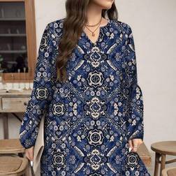 Shein Damen Vintage Blumen Muster Kleid mit Langarm - Große Größen