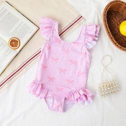 Shein Young Girl Pink Bow Stripe Print Ruffle One-Piece Swimsuit