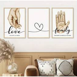 Shein 3 Pcs Personalized Family Hands Wall Art Custom Names Heart Boho Canvas Painting Print Poster 3pcs
