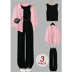 Shein Große Größen 3-teiliges Set Träger-Top Schlupfhose Farbblock - Weißes Hemd
