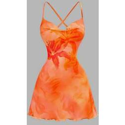 Shein Damen Blumenprint Kleid mit Drapiertem Ausschnitt und Shorts - Orangefarben