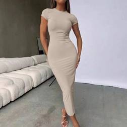 INAWLY Damen Einfarbiges Langarm Slim Fit Langes Kleid