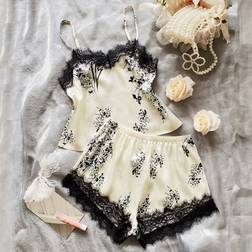 Shein Satin Pyjama Set mit Pflanzen Muster und Spitzenbesatz