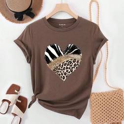 INAWLY Minimalistisches Leoparden Zebra Muster Herz Grafik T-Shirt - Damen
