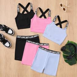 Shein Tween Girls Casual Sporty Solid Color Letter Print Cami Top And Shorts Set