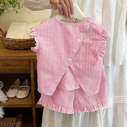 Shein Babygirl Cute Pink Striped Ruffle Trim Top And Elastic Waist Shorts Set - Summer