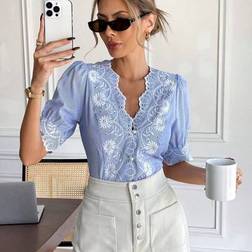 Shein Women's Stylish Elegant Embroidered Scallop Edge V-Neck Short Puff Sleeve Blouse - Spring/Summer