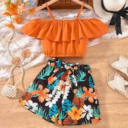 Shein Tween Girls Orange Off Shoulder Cropped Cami Top Matching Set - Orange