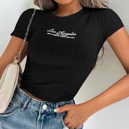 Shein Crop T-Shirt Mit Buchstaben Grafik - Rippenstrick