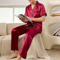 Shein Men's Minimalist Lapel Collar Button Short Sleeve Top And Pants Pajama Set - Christmas