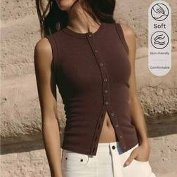 Shein Summer Casual Solid Color Knitted Sleeveless Round Neck Fitted Button Front Tank Top - Brown