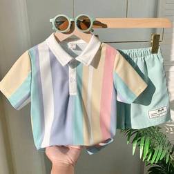 Shein Young Boy Casual College Style Big Striped Colorful Polo Shirt - Green