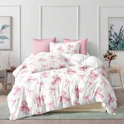 Shein 3 Pcs Watercolor Pink Striped Bow Print Bedding Set Duvet Cover