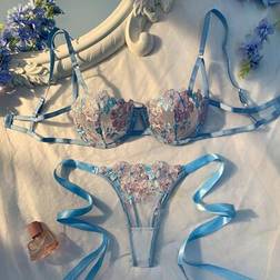 Shein Women Sky Blue Embroidered Lace-Up Lingerie Set